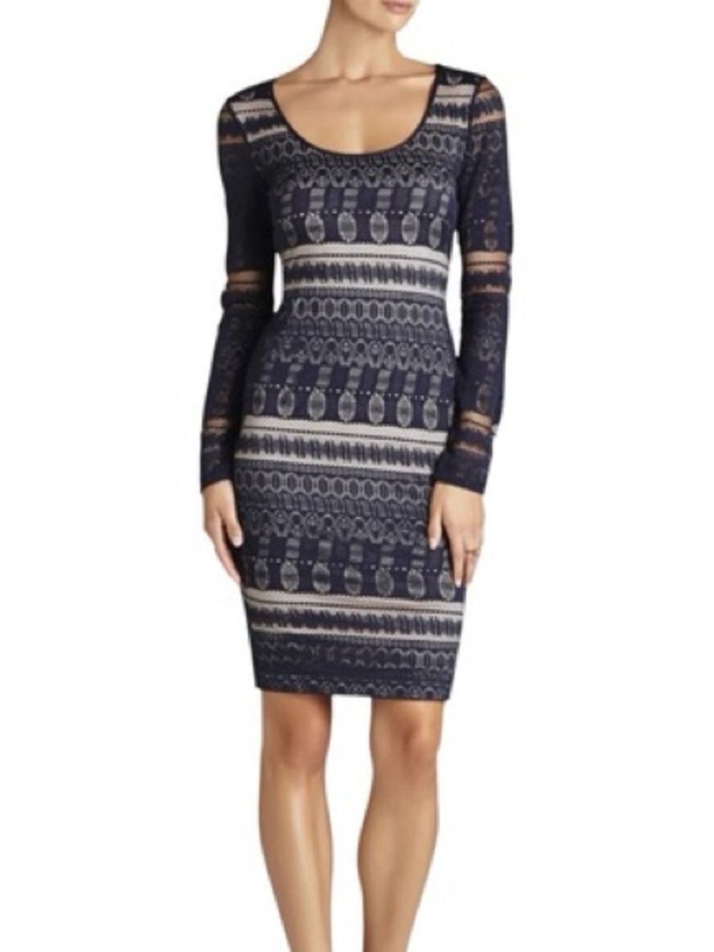 BCBGMaxazria Tanya XS Navy Blue Long Sleeve Lace Formfitting Mini Casual Dress